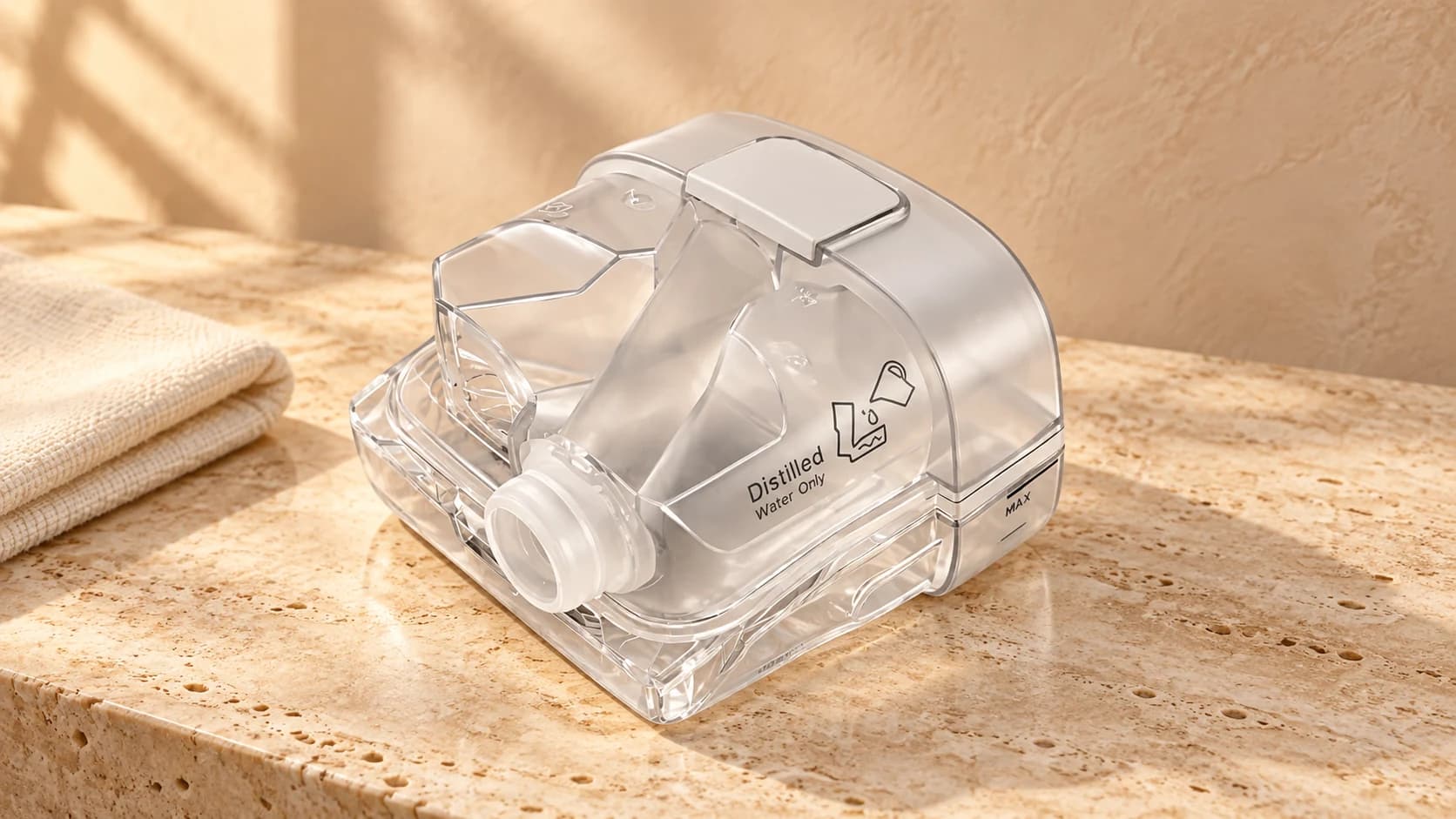 A clean clear water chamber on a sunlit cream counter